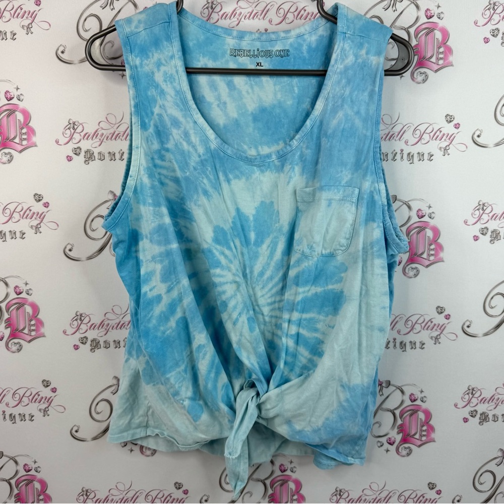 Rebellious One tank top tie up ribbon front light Sky Blue Tie-Dye Tank Top